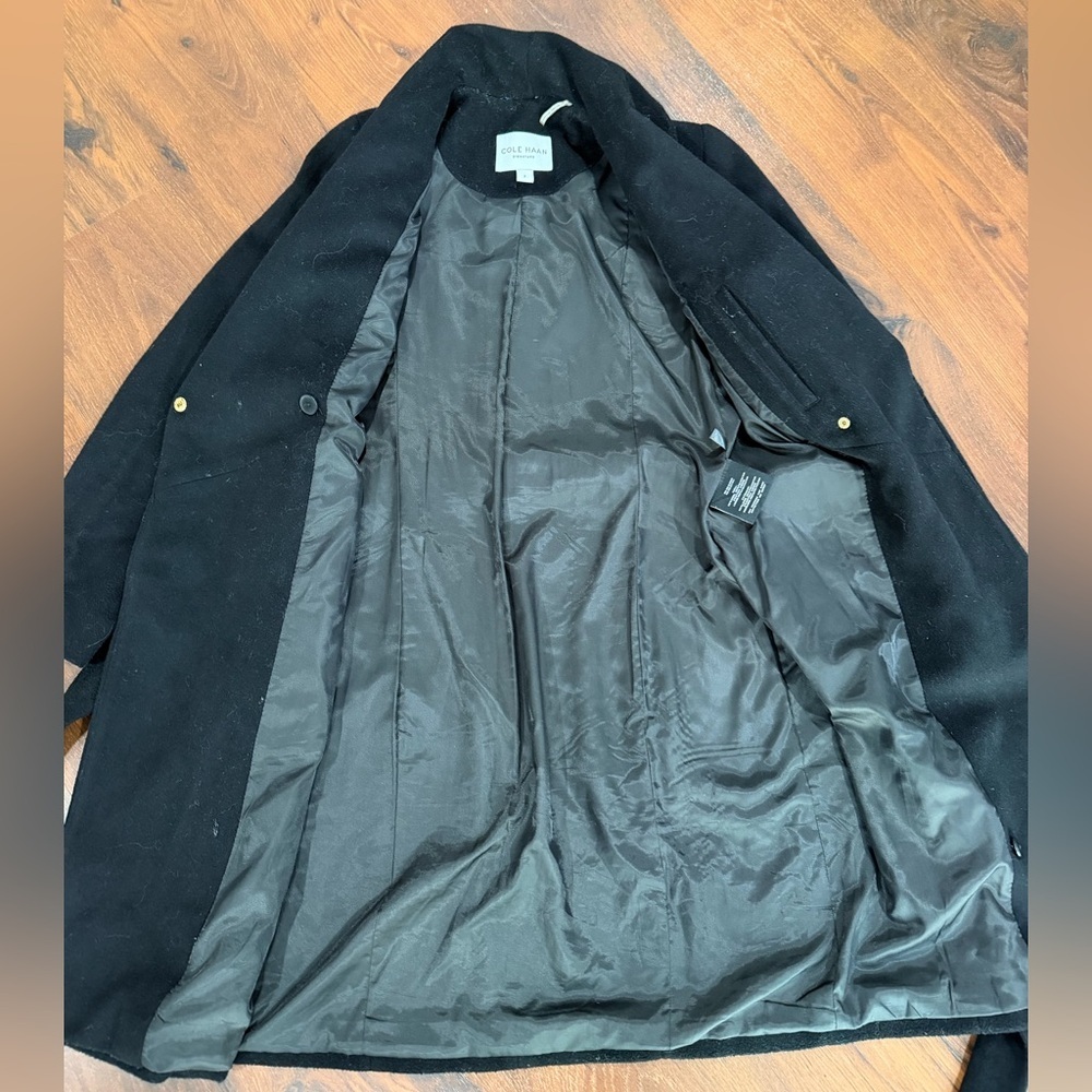 Cole Haan women's Wool Blend Belted Wrap Peacoat, Sz 2 Black - Picture 9 of 9